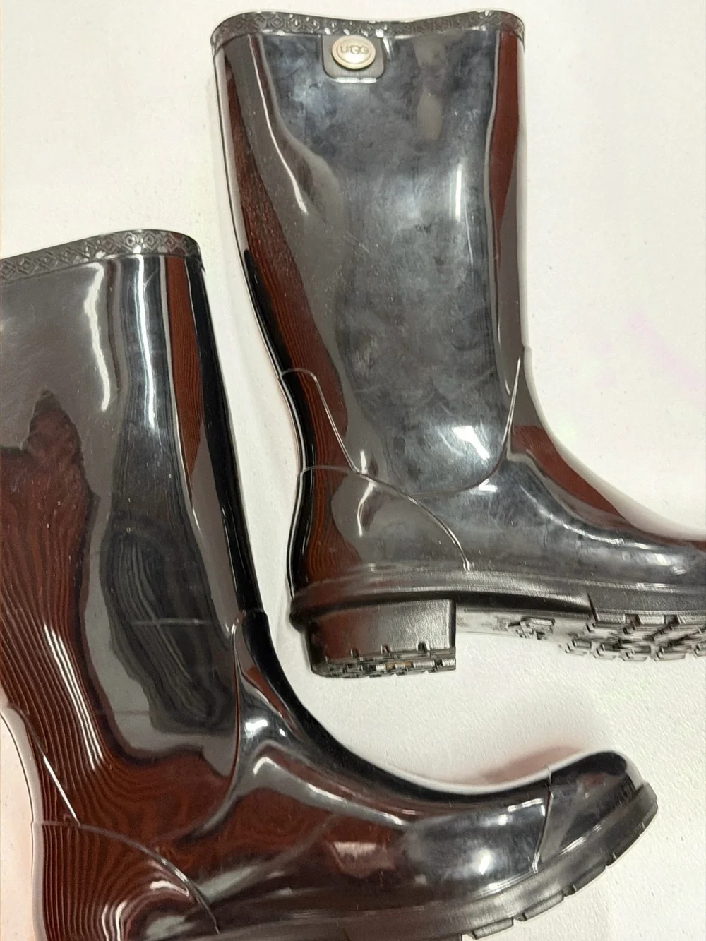 UGG Shaye Tall Glossy Black Waterproof Rain Boots Sheepskin Insoles 1012350